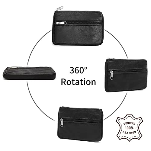 Coin Purse Pouch For Women, Genuine Leather Mini Cash Wallet With Keychain Ring Holder (Black) #TOP5
