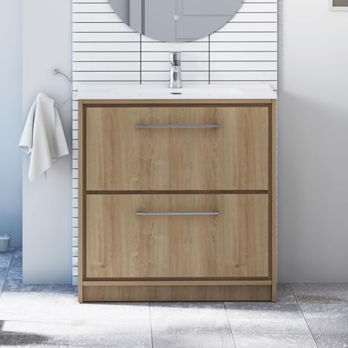 Image of Royal Bathrooms 800mm Floor Standing Bathroom Vanity Unit Ceramic Basin 2 Drawers Storage Cabinet Furniture - Natural Oak