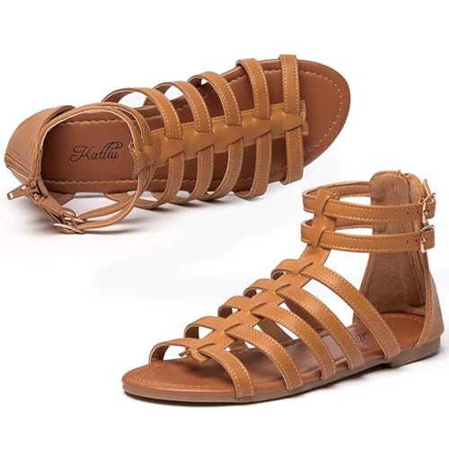 katliu Womens Gladiator Sandal Strappy Flat Sandals Two Ankle Buckle Brown 8