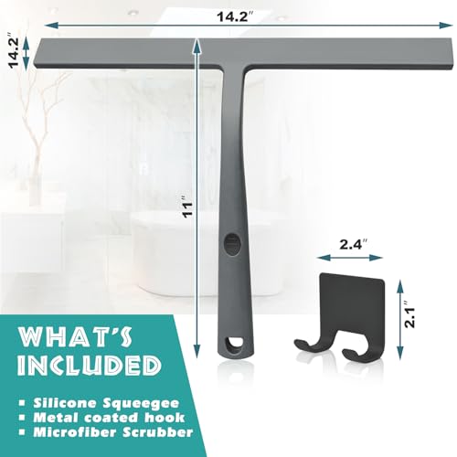 Image of 14 Inch Silicone Shower Squeegee for Glass Doors with Hook - Streak-Free Window Cleaner for Bathroom, Mirror, Tile & Car, No Scratch Squeegee with Metal Core (Gray