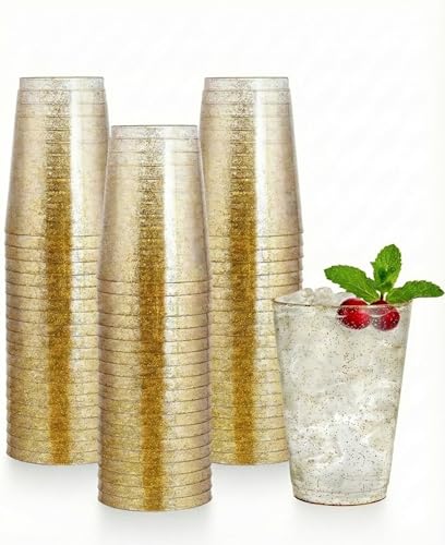 50 Pack 12 oz Reusable Gold Glitter Cups, Hard Reusable Plastic Tumbler Cups, Reusables Elegant Party Cup for Wedding, Clubs, Festive Occasions Beer Champagne Cocktail Martini Beverage