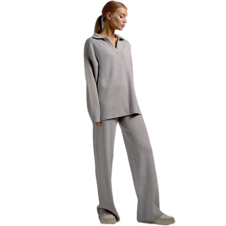 Ensemble tricot 2 pièces femme avec pull polo et pantalon ample homewear