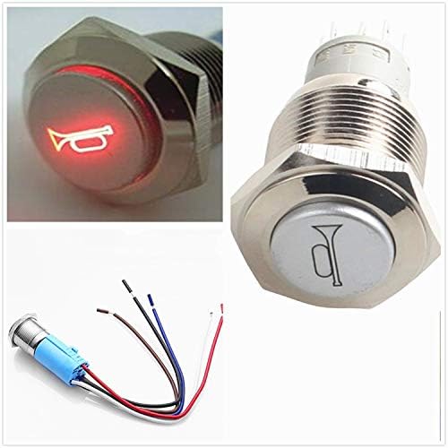 YIYDA Car Horn Button Push Button Switch Latching Push Button Switch Switch momentary 12V Speaker Button Switch 16mm Red LED On/Off Switch Reset Switch Button Metal Horn Switch Socket Plug Wire
