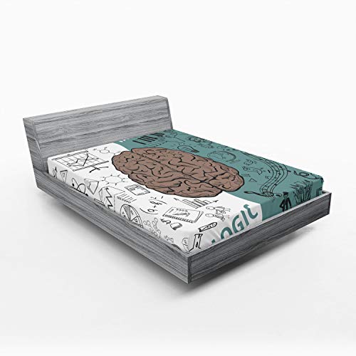 Ambesonne Modern 2 Pack Fitted Sheet, Music Logic Brain Art, Bed Cover All-Round Elastic Deep Pockets 2 Pieces, Package Contains 2 Queen Size Fitted Sheets, Turquoise White