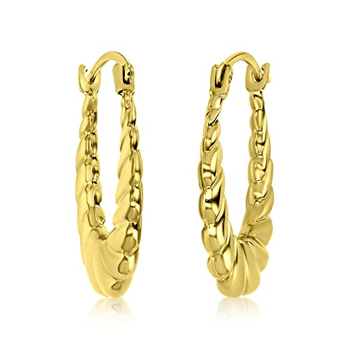 14K Yellow Gold 2x18mm Small Bamboo or Shrimp Design Lightweight Oval Hoop Earrings3
