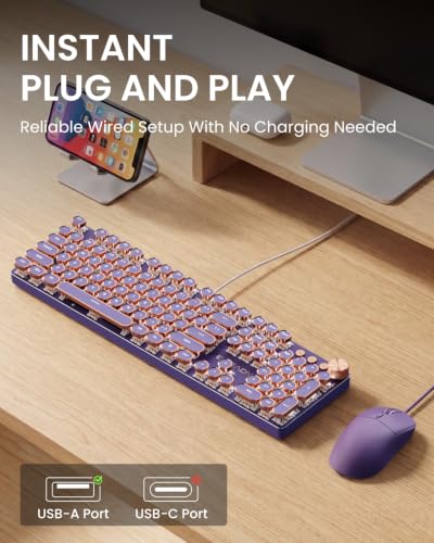 Image of Wired Typewriter Keyboard and Mouse Combo, Low Noise Pink Switch-Purple