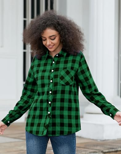 Image of SANGTREE Women and Girls Long Sleeve Flannel Casual Button Down Plaid Shirt