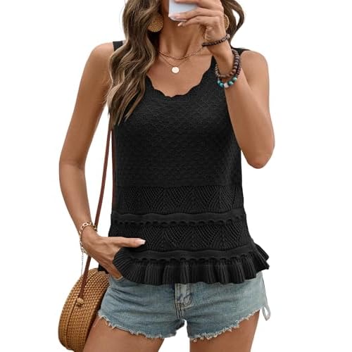 LOMON Sweater Vest Crochet Tops for Women Casual Cute Ruffle Hem Boho Knit Crop Tank Tops Sleeveless Black X-Large