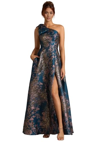 Image of Women's One-Shoulder Wedding Guest Dress A-Line Princess Ball Gown Jacquard Evening Gown Floral Brocade Prom Dress