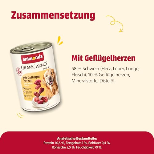 animonda GranCarno Adult mit Geflügelherzen (6 x 400 g), Hunde Nassfutter für ausgewachsene Tiere, Nassfutter für Hunde mit 100% frischen, fleischlichen Zutaten, Hundefutter ohne Getreide