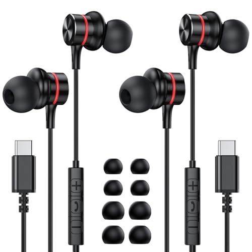 MOSWAG Cableados Auriculares USB C, Micrófono Y Auriculares C Estereofónicos HiFi de Control de Volumen para iPhone 16 15 15 Pro MAX, Fe Ultra Google Pixel (2 Pack)