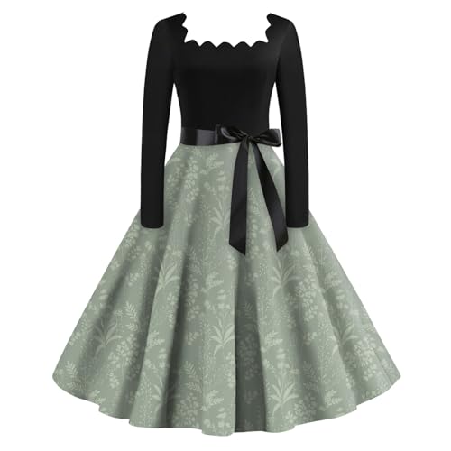Damen Kleid Lang Vintage 60er Jahre Rockabilly Kleid Damen Langarm Blumen Schwingen Cocktailkleid Damen Elegant Quadratischer Kragen Petticoat Kleid A...