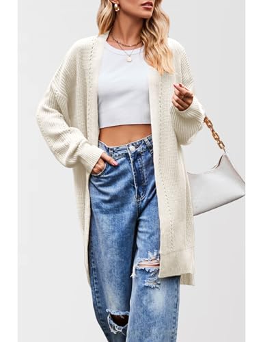 Image of Antnation Women's Oversized Open Front Cardigan Lightweight Long Sleeve Knit Sweater with Pockets(White-S)