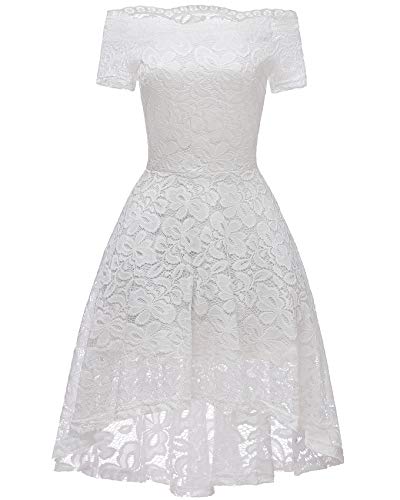 Bright Deer Robe de Cocktail Mariage Femme Mi-Longue de Sirène Col en Bateau Romantique Festonné en Dentelle avec Manche Courte Epaule Nu 48 XXL Blanc