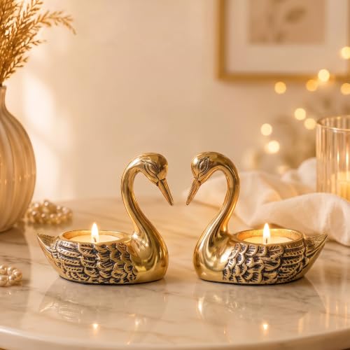 Image of BEHOMA Aluminium Pair of Love Swans with 2 Tea Lights, Golden | Decorative Romantic Showpiece for Home Decor Tabletop,Desktop, Cabinets|Festival Anniversary Wedding Birthday Couple Gift