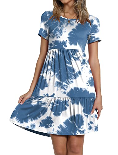 Taohuadao Women's 2023 Summer Casual Tshirt Dresses Short Sleeve Ruffle Swing Dress With Pockets Medium, Blue Tie Dye #TOP1