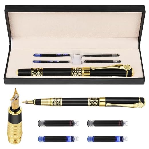 Cobee Juego de pluma estilográfica de lujo, pluma estilográfica de metal de punta media con 2 bolsas de tinta negra y tinta azul pluma de escritura comercial pluma de caligrafía diario firma escuela