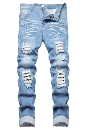 Baylvn Men's Stretch Ripped Distressed Straight Slim Fit Jeans Skinny Fashion Patched Denim Pants,658 Light Blue,Size 42