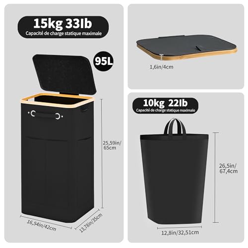 Panier à linge 95L pliable grand format coffre à linge avec poches - 4