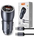 Carregador Veicular Turbo 60W Pro, Kit com Cabo USB-C. Duas portas USB 3.0 + USB-C, Led, Carregamento Rápido 9.1A Fast Charge Carro/Automotivo Compatível com IOS e Android – Premium