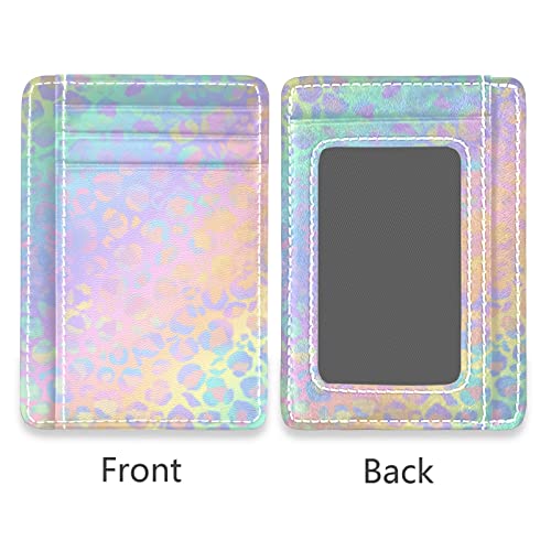 Leopard Skin Texture Animal Print in Light Rainbow Colorful Gradient Slim Minimalist Wallet, Front Pocket RFID Leather Blocking Card Holder Case for Men Women Girls Ladies, Stylish Printing Gift2