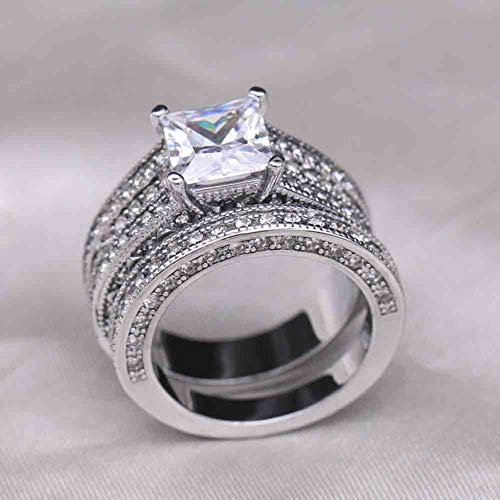 White Gold Filled Womens Wedding Ring Sets Bridal Sets Princess Cut 88mm Cz Engagement Ring 2pcs Wedding Band3
