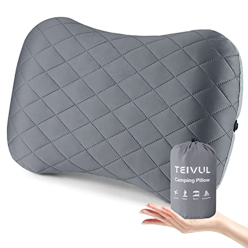 TEIVUL Camping Pillow, Inflatable Travel Pillow with Removable Pillowcase, Ergonomic Blow Up Pillows for Adults & Kids with Neck & Lumbar Support