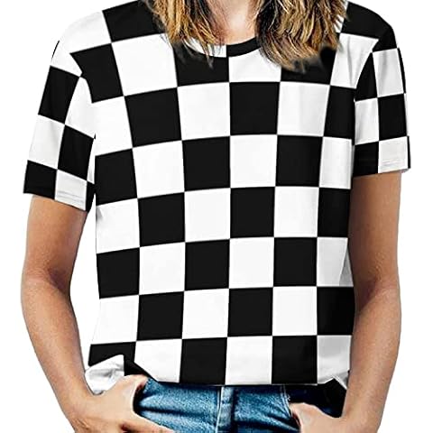 Bagea-Ka Black White Race Checkered Flag Pattern Womens Graphic Printed T-Shirt Short Sleeve Casual Tees Tops S Cover