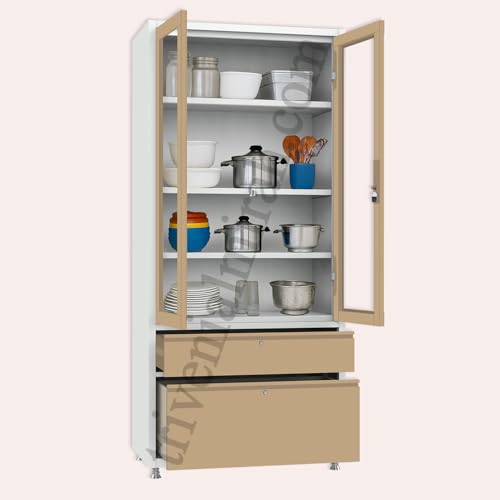 Image of Triveni Almirah Annapurna-5 Steel Wardrobe for Kitchen & Home Use | 10 Year Guarantee on Paint & Locks | 2-Door Glass Almirah with 2 Drawers | Separate Locks for Doors & Drawers | Powder-Coated Finish
