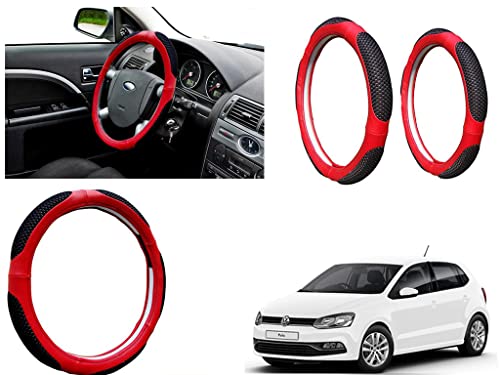 Image of Microfiber Car Steering Wheel Cover, Soft Padding Great Hand Feel, Anti-Slip, Faux Leather Steering Cover for Volkswagen Polo Exquisite | Black Red Jali - Pack of 1