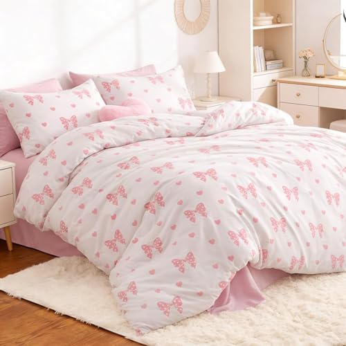 Image of Bow Duvet Cover Twin Size Pink Bows Heart Bedding Set Kids Boys Girls Love Heart Bowknot Soft Breathable Microfiber Comforter Cover Set with Zipper Closure and 1 Pillowcase (No Comforter)