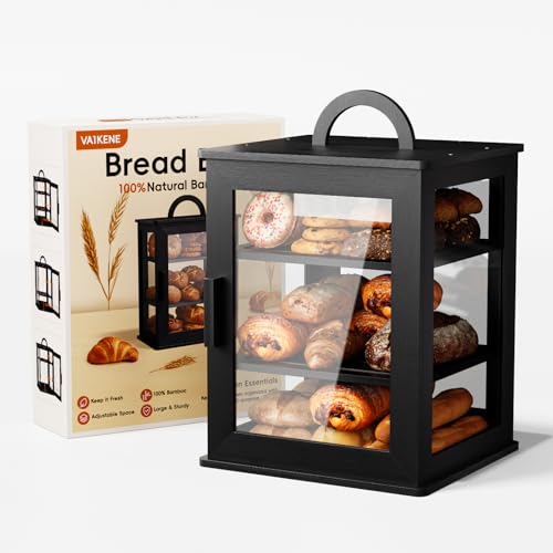 VA1KENE Black 3-Tier Bread Bin for Kitchen Worktop – Large Capacity Bamboo Bread Storage with Acrylic Viewing Panel, Adjustable Shelves & Carry Handle