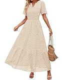 ZESICA Women's 2026 Summer Short Sleeve Maxi Dress Casual V Neck Hollow Out Eyelet Ruffle Swing A Line Long Dresses,Apricot,Small