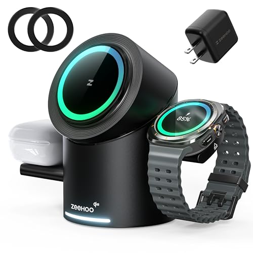 ZEEHOO 3 in 1 Charging Station for Samsung Wireless Charger Stand Qi2 15W Fast Charging for Samsung Galaxy S24 Ultra/S23 Ultra/S22/S21 Galaxy Watch Ultra/7/6/5 Galaxy Buds 2/2 Pro (Black)