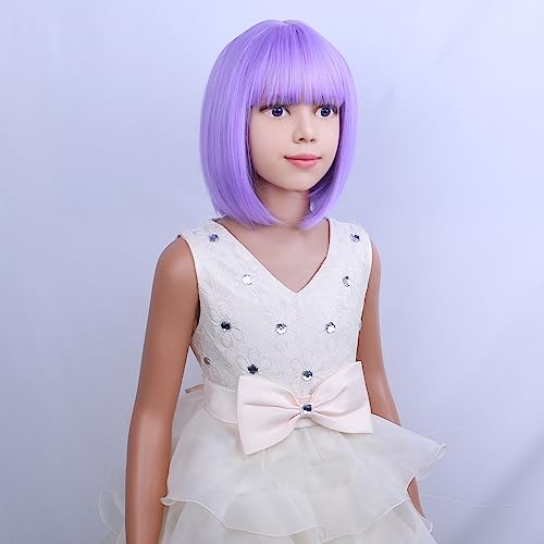 Image of PATTNIUM Kids Purple Wig Child Bob Wig Short Light Purple Wigs for Girls Lavender Purple Bob Hair Cosplay Party Synthetic Rose Net Daily Wear Wigs