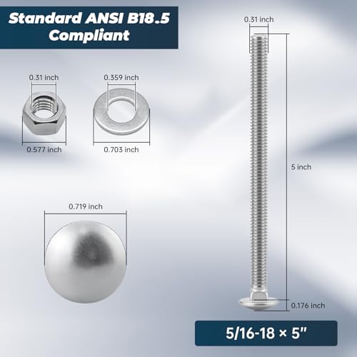 Image of 5 /16-18 x 5 Inch Carriage Bolt Kit, 304 Stainless Steel (18-8) with Hex Nuts & Flat Washers - 10 Sets, Round Head Square Neck, Full Thread Coverage by Glvaner