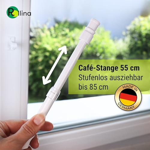 Rollina Scheibengardinenstange ausziehbar 55-85  cm weiß | Gardinenstange zum Kleben oder Schrauben | Bistrogardinenstangen für Fenster | Café-Stangen ohne Bohren | Made in Germany | Metall Ø 12 mm