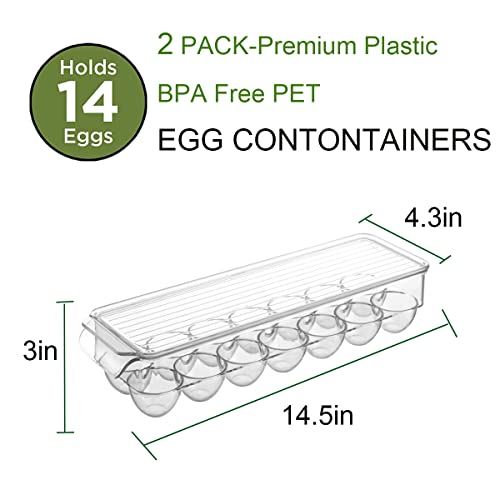 Lihabilal Egg Holder For Refrigerator - Premium Thick Clear Egg Container Bins With Lids - 2 Pack Stackable 14 Egg Storage Box-Food Grade Plastic Egg Organizer Tray #TOP4