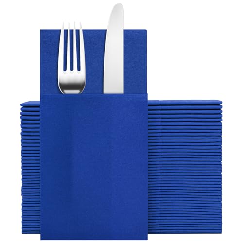 Goldclean Royal Blue Napkins Hand Towels Disposable Linen Feel Dinner Napkins with Prefolded Built-in Flatware Pocket Guest Paper Hand Towels For Wedding Dinner Or Party (16x16in 50Pack