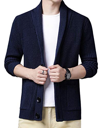 CHARTOU Men's Shawl Collar Long Sleeve Button Down Chunky Knitted Sweater Cardigan (X-Small, Dark Blue)