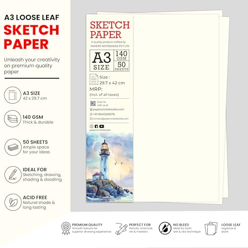 Image of PaperO A3 Sketch Loose Leaf Paper /Drawing Sheets | 140 GSM | 50 Sheets | Premium Art Paper for Artists, Designers, Sketching, Illustration & Craft Projects | Size (42 x 29.7 cm) | (A3 Pack of 2)