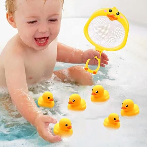 Baby Bath Toy Bathtub Duck Toy Set, 1 PCS Ducky Animals Fishing Net with 6 PCS Water Floating Sea Animals Duck Toys, Bathroom Floating Pool Fishing Play Set for Toddler Kids (Duck) - Image 3