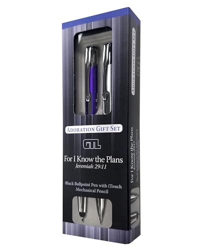 G.T. Luscombe, For I Know the Plans, Inspirational Adoration, Black Ink Ballpoint Pen with Cushioned Screen Tip & Mechanical Pencil, Acrylic Case Boxed 3-Piece Set, Silvertone & Violet