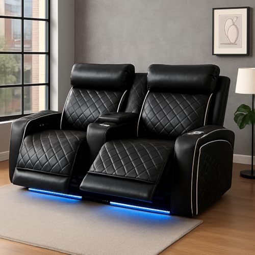 Image of Leather Recliner Loveseat Set, Power Black Leather Sectional Set with LED Light, Living Room Furniture Sets 2 Seats, Power Reclining Sofa Sets with Storage Console /Cup Holder for Living Room
