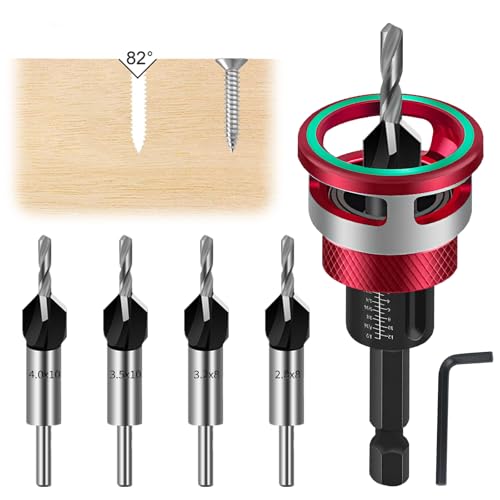 Countersink with Depth Stop, 6-Piece Countersink Drill Bit Set, with 1/4 Inch Hex Shank, Diameter of 2.8, 3.2, 3.5, 4 mm Precise Holes, for Wood Processing, Even Drilling