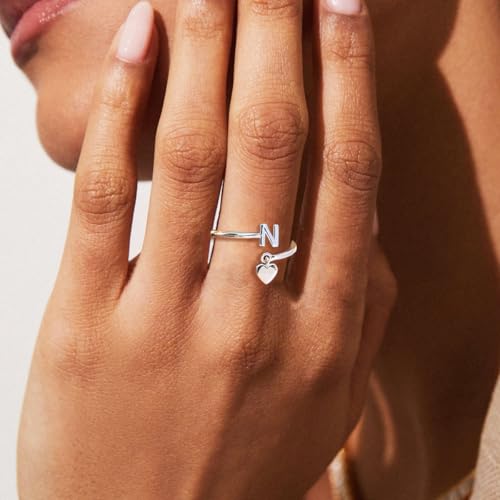 CIOMY Silver Initial Rings for Women Non Tarnish Thumb Rings Sterling Silver Plated Adjustable Rings for Women Stackable Heart Ring letter rings for women N by CIOMY - Used condition - Image 3