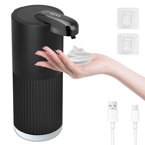 Cuteefun Dispensador Jabon Baño Automatico, 400ml Recargable Dosificador Jabon Espuma, 4 Niveles Ajustables, Montaje en Pared, Impermeable IPX5, Sensor Infrarrojo Sin Contacto para Cocina, Negro