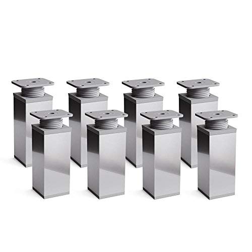 Furniture Legs, Pack of 8, Height Adjustable | Angular Profile: 40 x 40 mm | Design: Chrome | Sossai MFV1-CH | Height: 60 mm +20 mm | Wood Screws Included