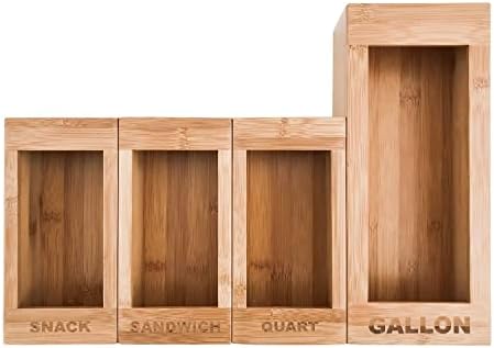 PurpleWares Food Storage Bags Holders – Premium Bamboo Kitchen Drawer Plastic Bag Organizer Dispenser Home Organization Compatible with Gallon, Quart, Sandwich & Snack Variety Size Bags (4 Piece Set)