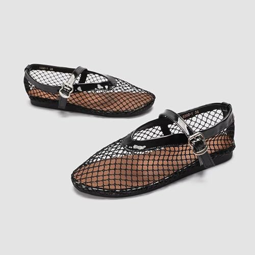 ChaiRong Zhou Women Summer Ventilate Mesh Mary Jane Flats Fishnet Ballerina Flats Buckle Strap Causal Dress Shoes4